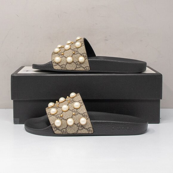 Gucci Pursuit Pearl Stud Pool Slide Sandals, Size 37 - Picture 3 of 7